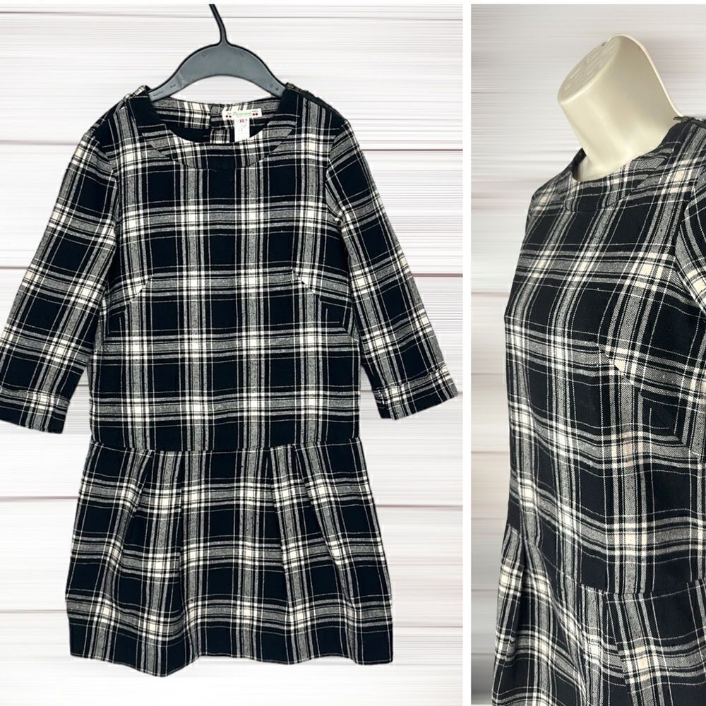 BONPOINT Cotton Black Cream Plaid Mini Dress Tunic Pleated Skirt  size XS